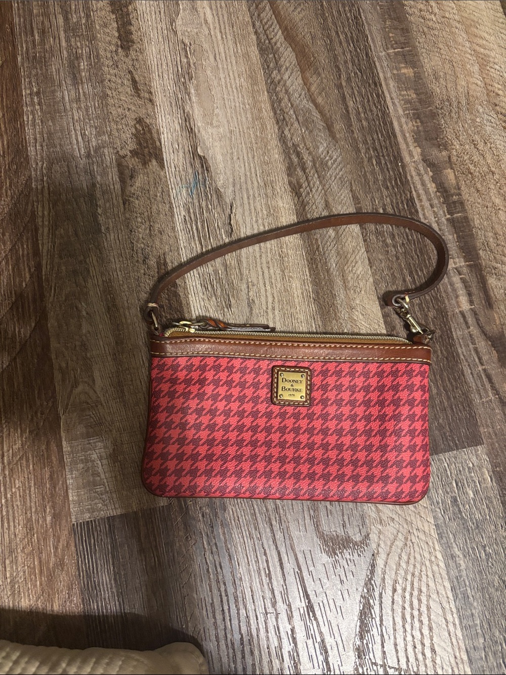 Dooney & Bourke Red Houndstooth Wristlet with Brown Leather Trim